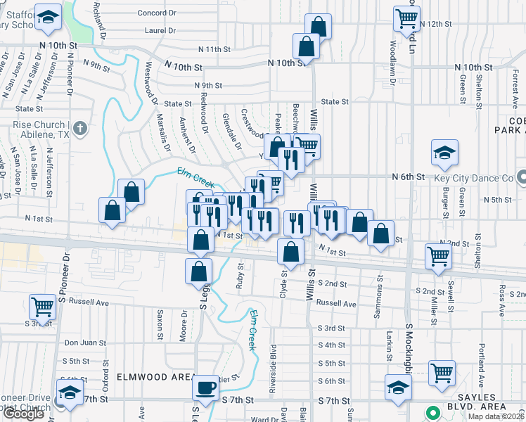 map of restaurants, bars, coffee shops, grocery stores, and more near 325 Westwood Drive in Abilene