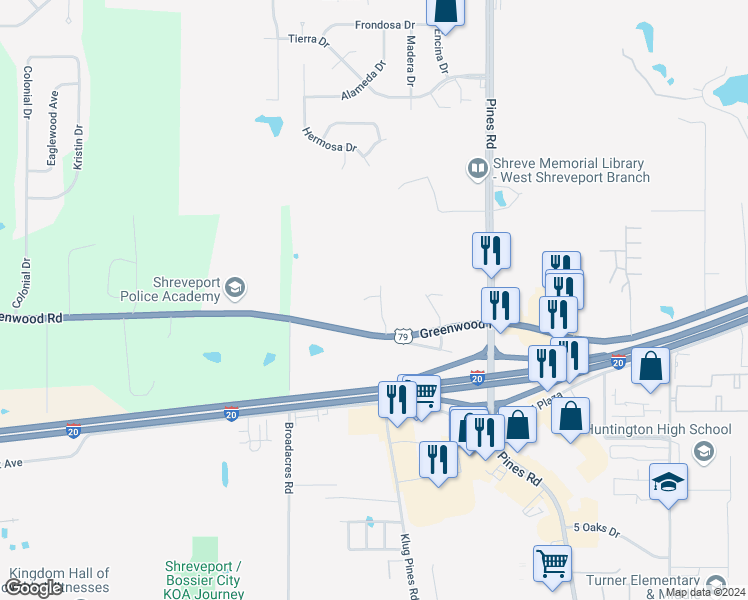 map of restaurants, bars, coffee shops, grocery stores, and more near 6260 Greenwood Road in Shreveport