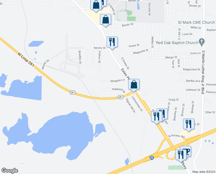 map of restaurants, bars, coffee shops, grocery stores, and more near 138 Wingate Lane in Longview