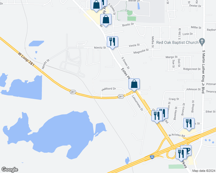map of restaurants, bars, coffee shops, grocery stores, and more near 157 Hubbard Drive in Longview