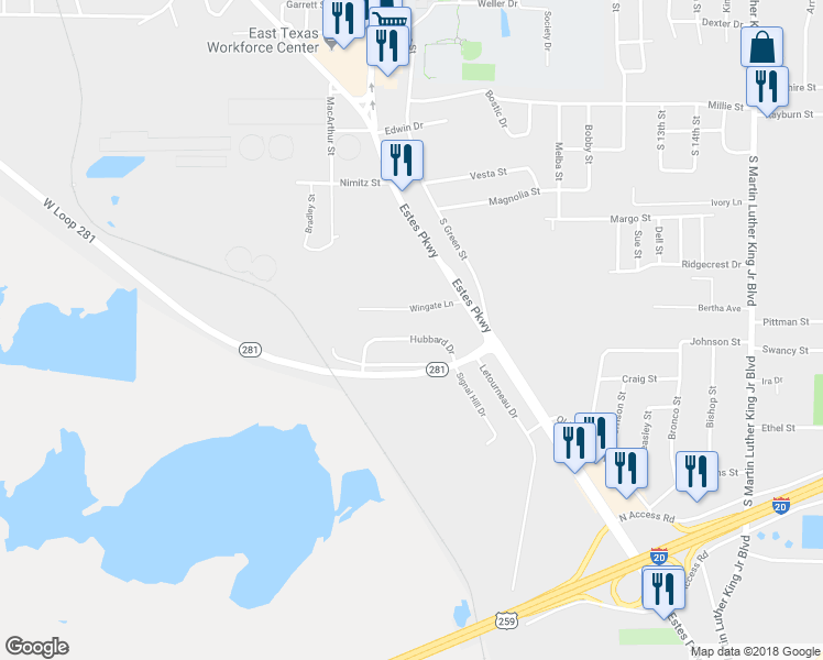 map of restaurants, bars, coffee shops, grocery stores, and more near 141 Hubbard Drive in Longview