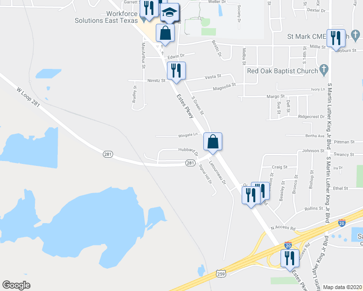 map of restaurants, bars, coffee shops, grocery stores, and more near 137 Hubbard Drive in Longview