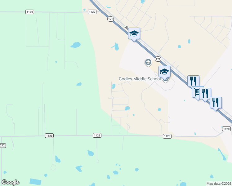 map of restaurants, bars, coffee shops, grocery stores, and more near 8140 County Road 1128 in Godley