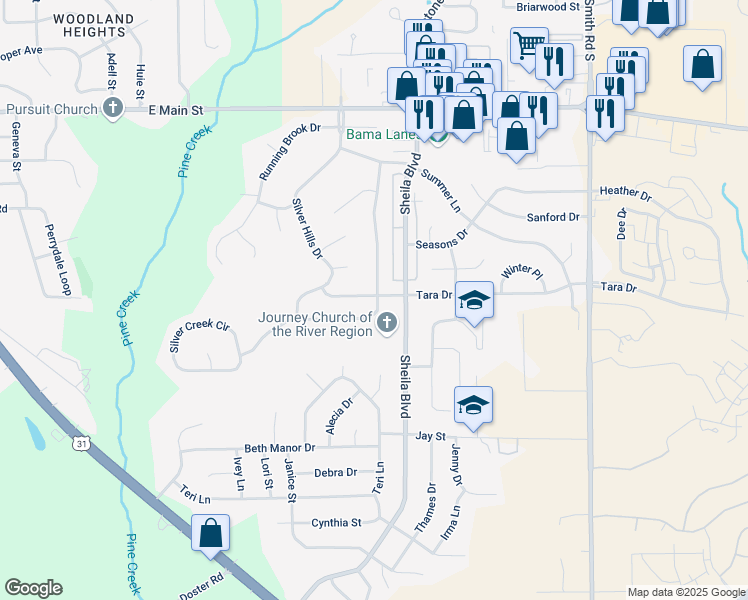 map of restaurants, bars, coffee shops, grocery stores, and more near 741 Sweet Ridge Road in Prattville