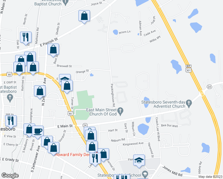 map of restaurants, bars, coffee shops, grocery stores, and more near 37 Packinghouse Road in Statesboro