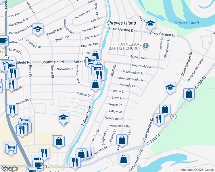 map of restaurants, bars, coffee shops, grocery stores, and more near 302 Yolanda Lane in Shreveport