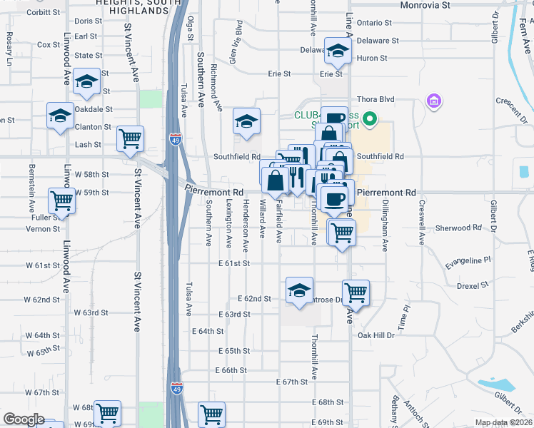 map of restaurants, bars, coffee shops, grocery stores, and more near 5912 Willard Avenue in Shreveport