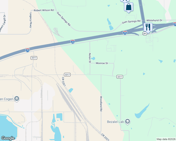 map of restaurants, bars, coffee shops, grocery stores, and more near 2840 Monroe Street in Longview