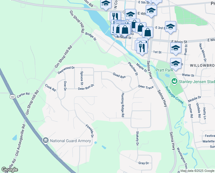 map of restaurants, bars, coffee shops, grocery stores, and more near 119 Thomas Lane in Prattville