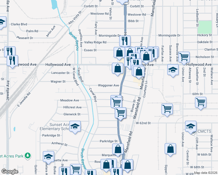 map of restaurants, bars, coffee shops, grocery stores, and more near 2745 Waggoner Avenue in Shreveport