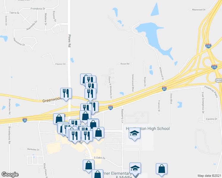 map of restaurants, bars, coffee shops, grocery stores, and more near Danny R Wimberly Drive in Shreveport