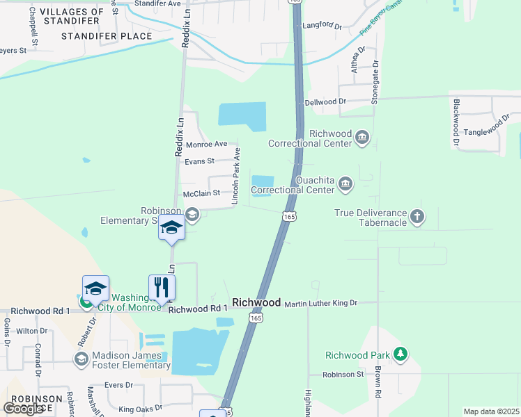 map of restaurants, bars, coffee shops, grocery stores, and more near 5000 U.S. 165 in Monroe