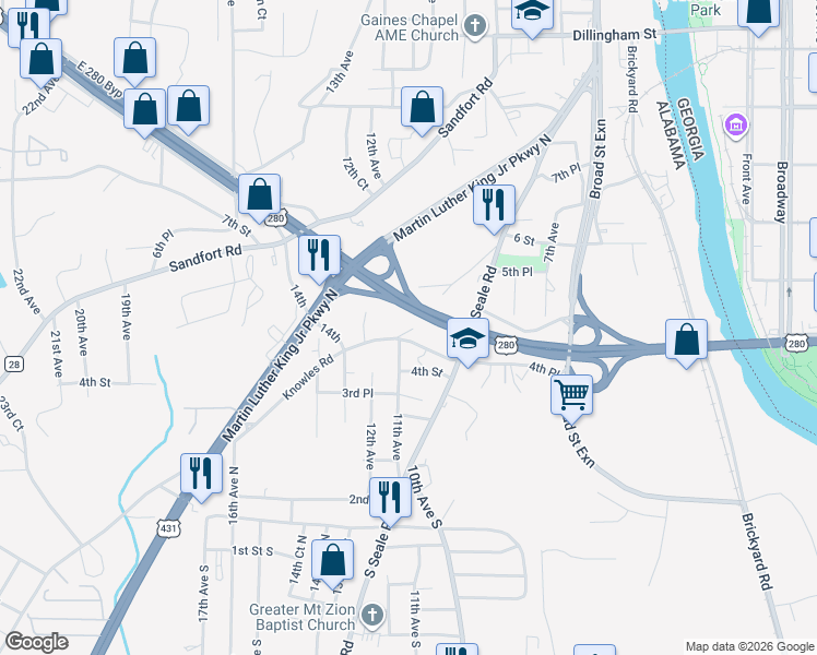 map of restaurants, bars, coffee shops, grocery stores, and more near 1022 Knowles Road in Phenix City