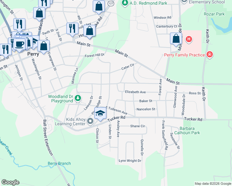map of restaurants, bars, coffee shops, grocery stores, and more near 1403 Elizabeth Avenue in Perry