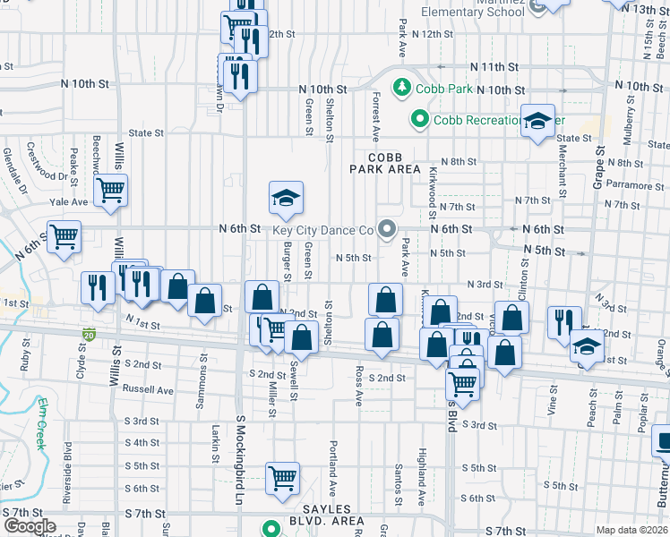 map of restaurants, bars, coffee shops, grocery stores, and more near 327 Shelton Street in Abilene