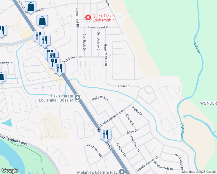 map of restaurants, bars, coffee shops, grocery stores, and more near 5225 Lauri Lane in Bossier City