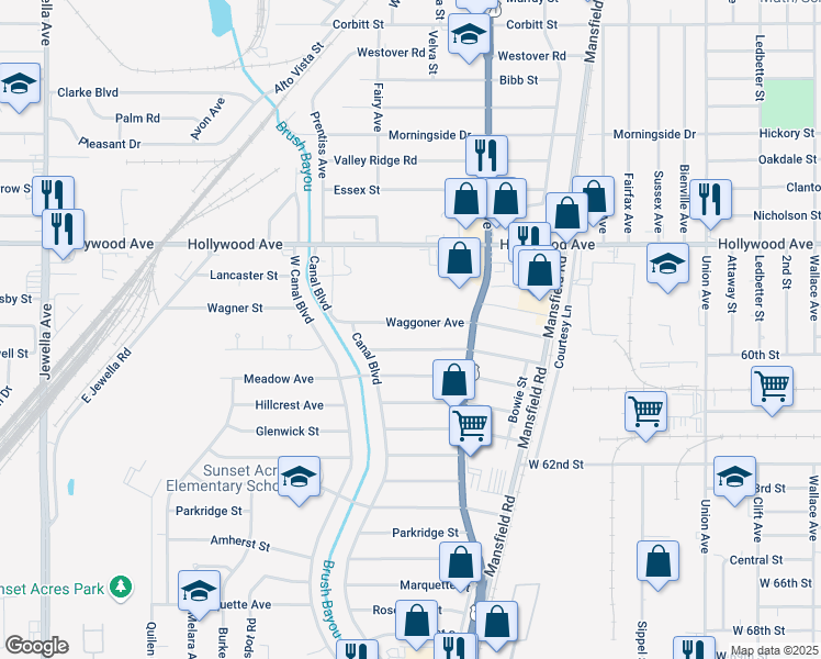 map of restaurants, bars, coffee shops, grocery stores, and more near 2745 Waggoner Avenue in Shreveport
