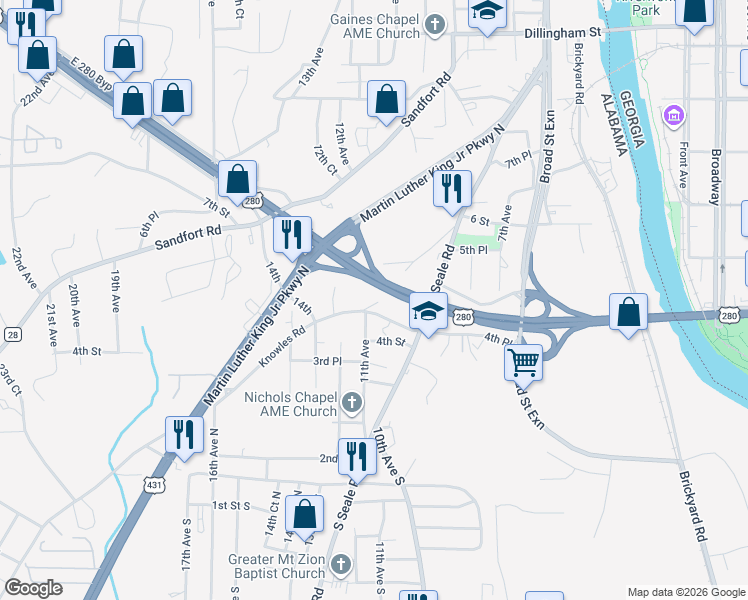 map of restaurants, bars, coffee shops, grocery stores, and more near 1022 Knowles Road in Phenix City