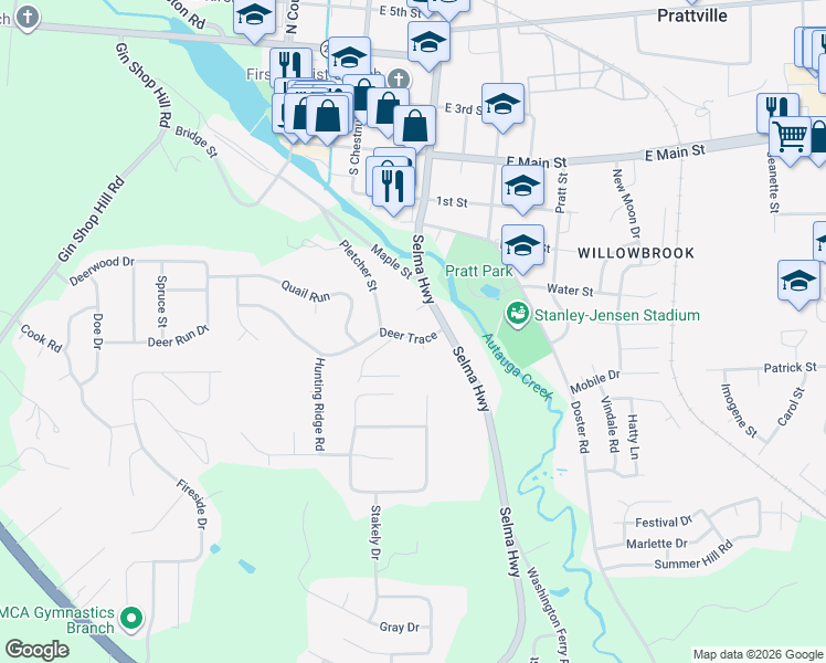 map of restaurants, bars, coffee shops, grocery stores, and more near 103 Flintlock Close in Prattville