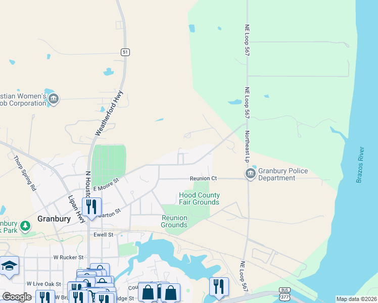 map of restaurants, bars, coffee shops, grocery stores, and more near 1025 Valley View Street in Granbury