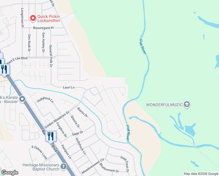 map of restaurants, bars, coffee shops, grocery stores, and more near 3057 Grace Harper Drive in Bossier City