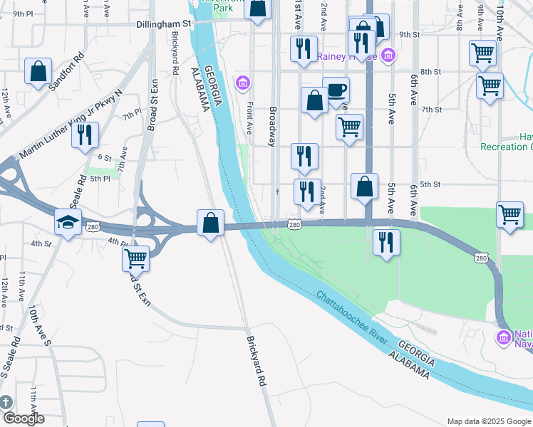 map of restaurants, bars, coffee shops, grocery stores, and more near 405 Broadway in Columbus