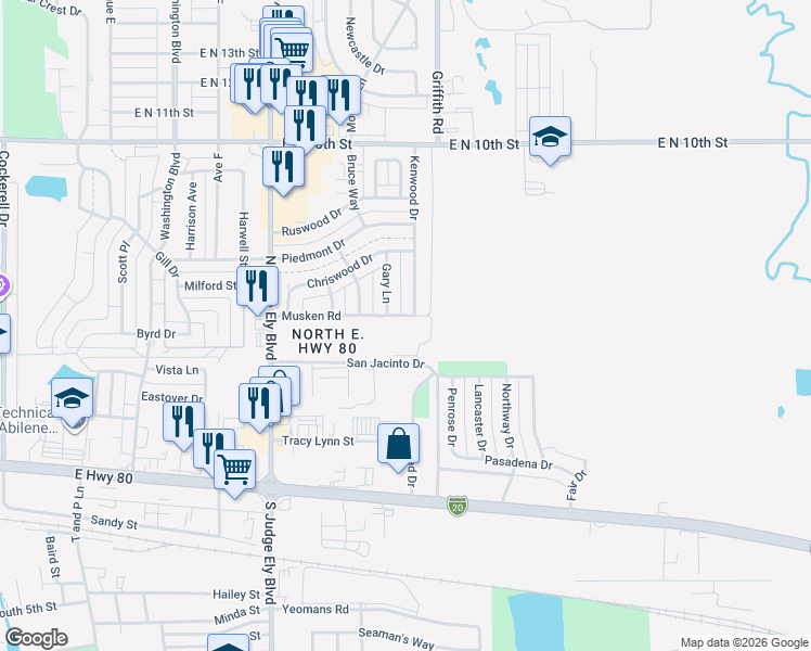 map of restaurants, bars, coffee shops, grocery stores, and more near 1315 Musken Road in Abilene
