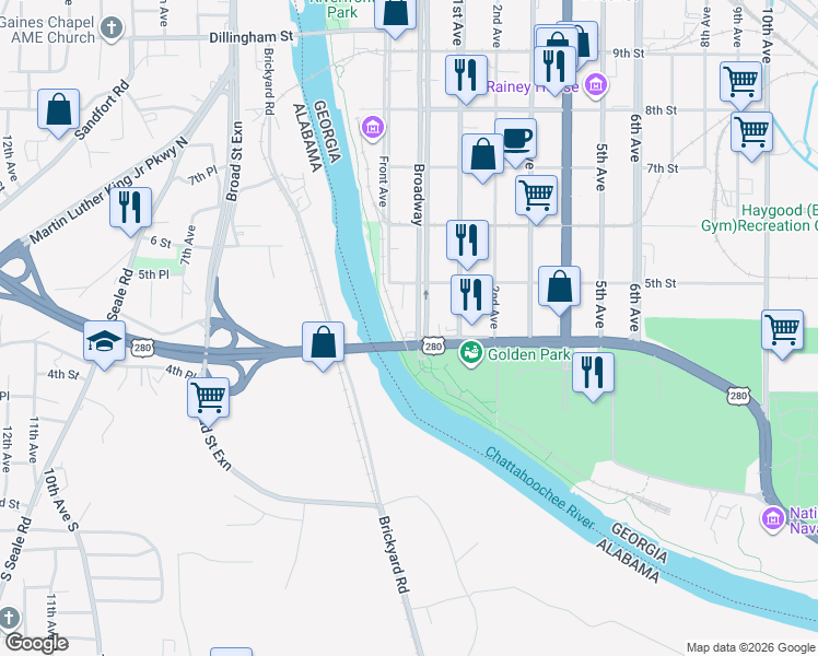 map of restaurants, bars, coffee shops, grocery stores, and more near 405 Broadway in Columbus