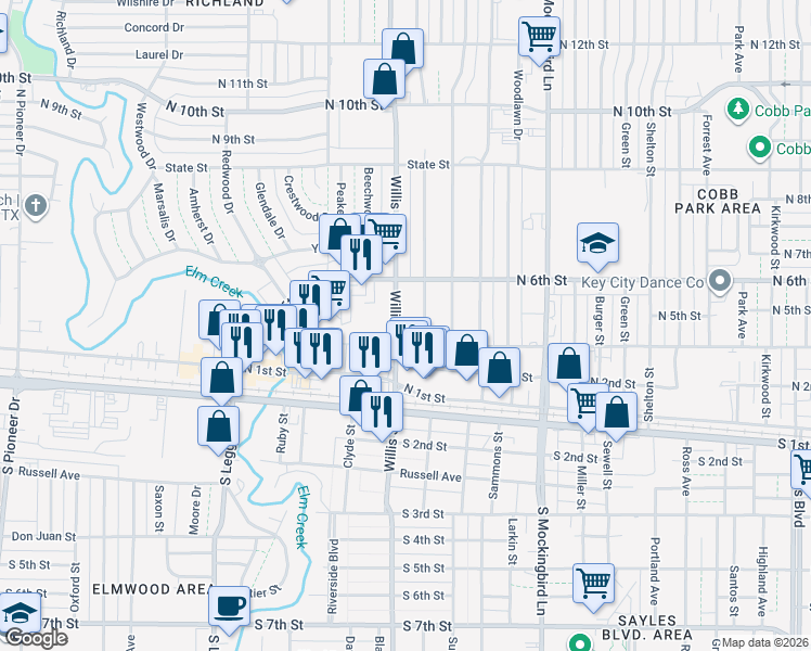 map of restaurants, bars, coffee shops, grocery stores, and more near 401 North Willis Street in Abilene