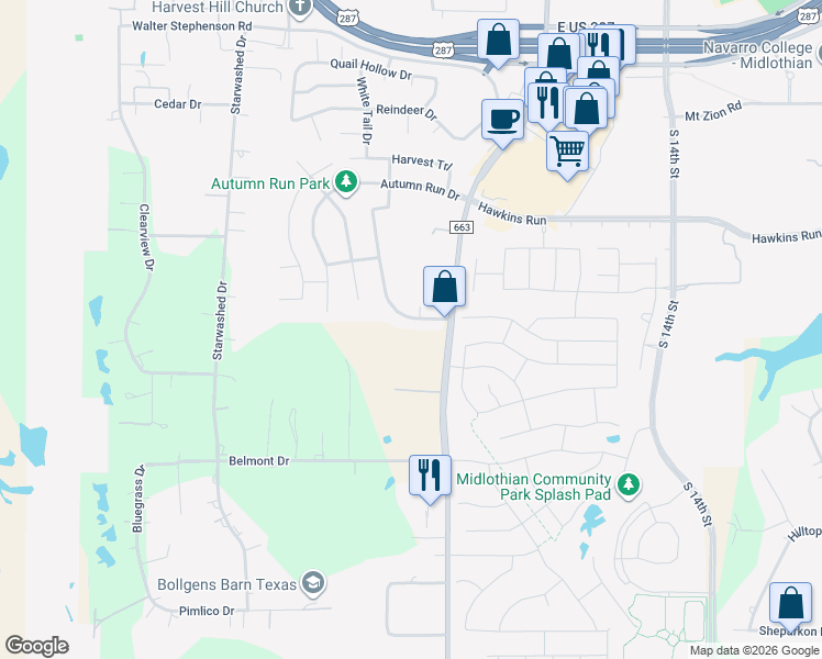 map of restaurants, bars, coffee shops, grocery stores, and more near 2637 Byrd Ranch Road in Midlothian