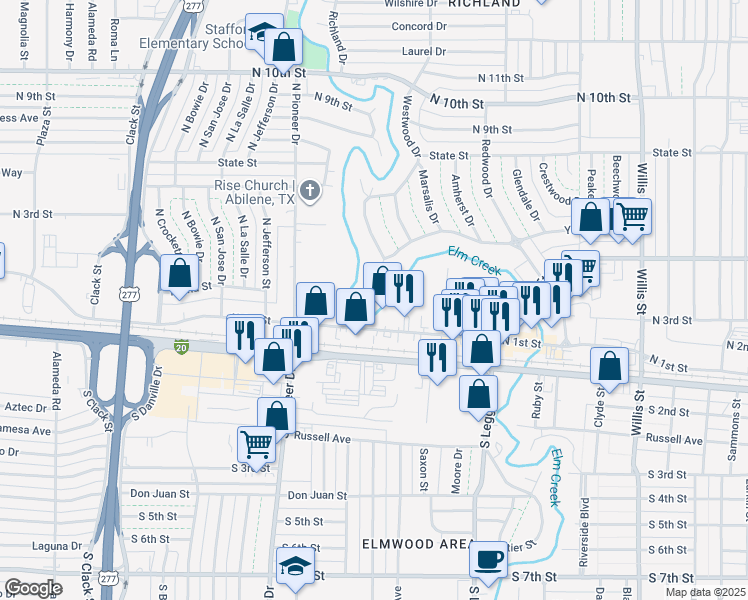 map of restaurants, bars, coffee shops, grocery stores, and more near 60 Harvard Place in Abilene