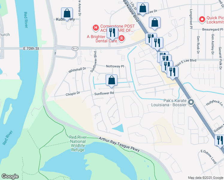 map of restaurants, bars, coffee shops, grocery stores, and more near 1416 Magnolia Ridge in Bossier City