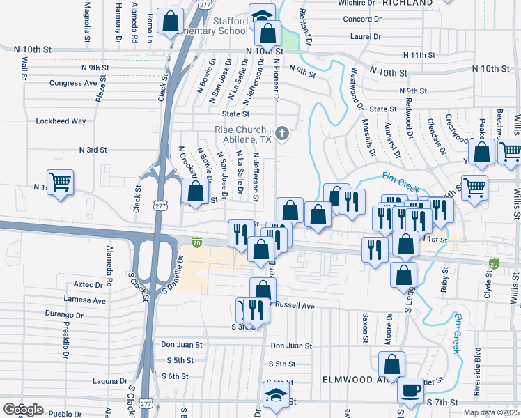 map of restaurants, bars, coffee shops, grocery stores, and more near 125 North Jefferson Street in Abilene