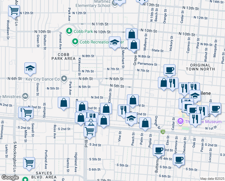 map of restaurants, bars, coffee shops, grocery stores, and more near 449 Clinton Street in Abilene