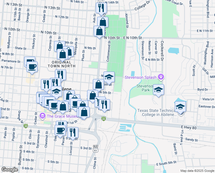 map of restaurants, bars, coffee shops, grocery stores, and more near 317 North 6th Street in Abilene