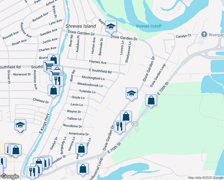 map of restaurants, bars, coffee shops, grocery stores, and more near 5743 Lovers Lane in Shreveport