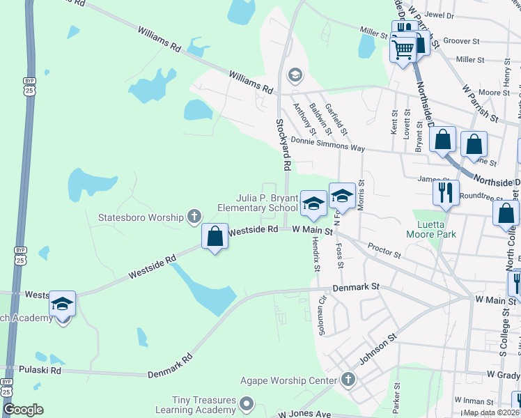 map of restaurants, bars, coffee shops, grocery stores, and more near 12 Grove Circle in Statesboro