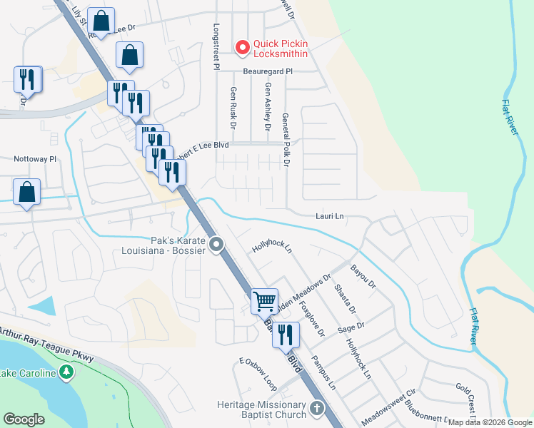 map of restaurants, bars, coffee shops, grocery stores, and more near 5206 Lauri Lane in Bossier City