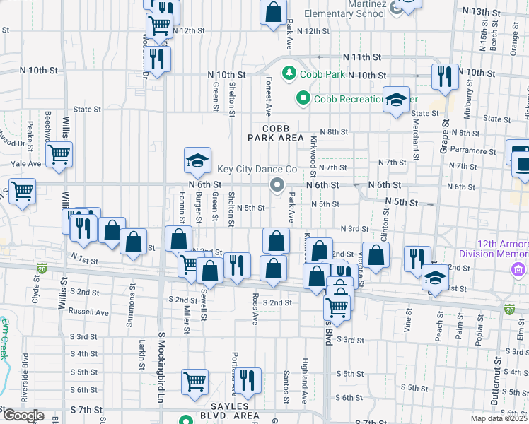 map of restaurants, bars, coffee shops, grocery stores, and more near 342 Forrest Avenue in Abilene