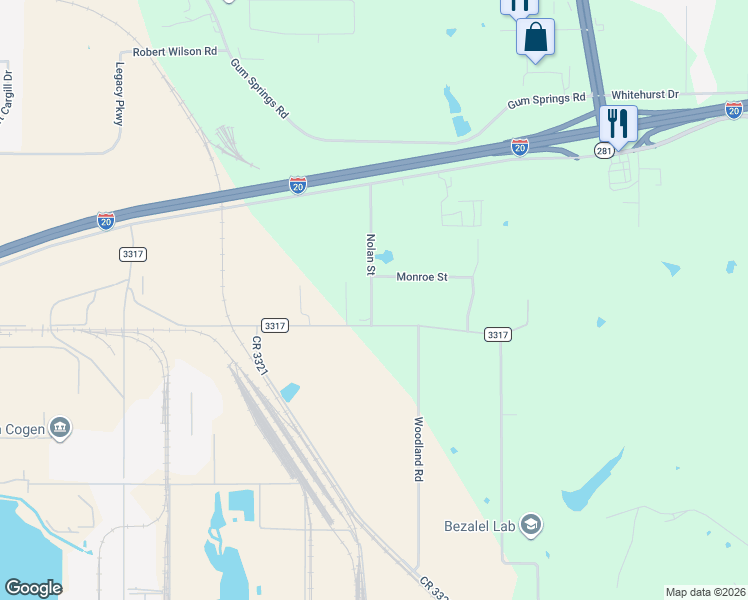 map of restaurants, bars, coffee shops, grocery stores, and more near 3151 Nolan Street in Longview