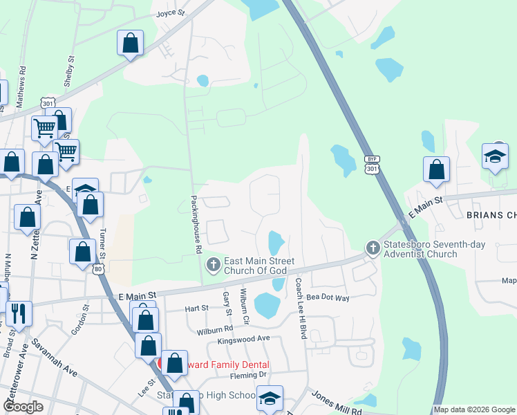 map of restaurants, bars, coffee shops, grocery stores, and more near 137 Blue Ridge Drive in Statesboro