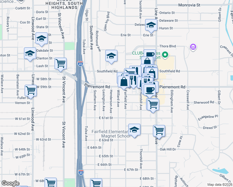 map of restaurants, bars, coffee shops, grocery stores, and more near 5912 Willard Avenue in Shreveport