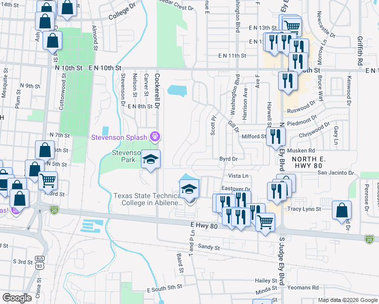 map of restaurants, bars, coffee shops, grocery stores, and more near 633 Green Valley Drive in Abilene
