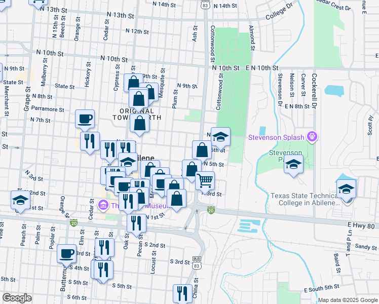 map of restaurants, bars, coffee shops, grocery stores, and more near 533 Ash Street in Abilene
