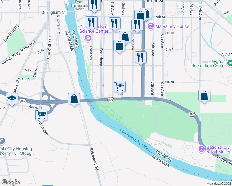 map of restaurants, bars, coffee shops, grocery stores, and more near 412 1st Avenue in Columbus