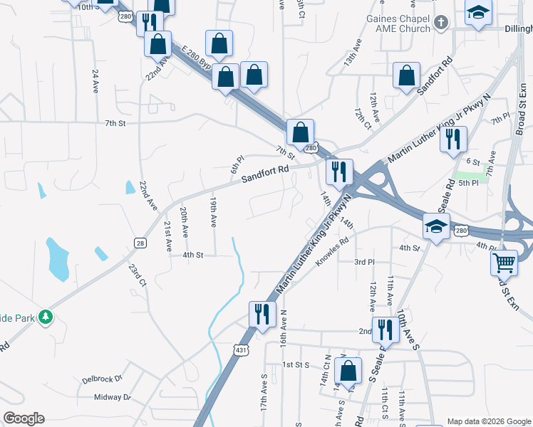 map of restaurants, bars, coffee shops, grocery stores, and more near 1600 4th Place in Phenix City