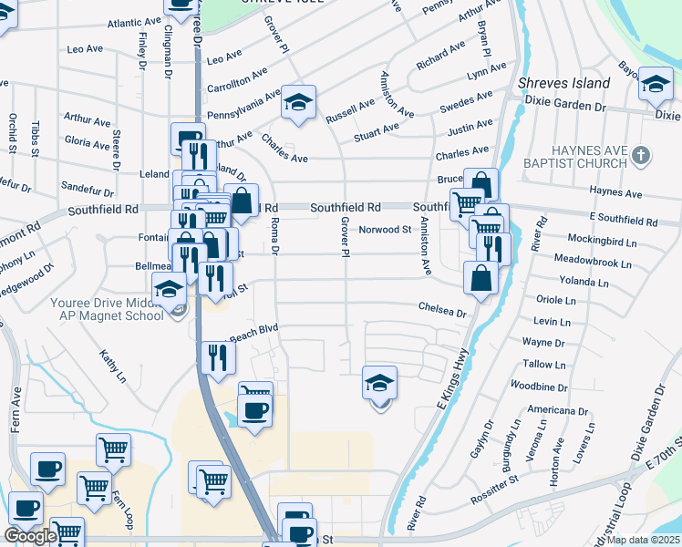 map of restaurants, bars, coffee shops, grocery stores, and more near 158 Carroll Street in Shreveport