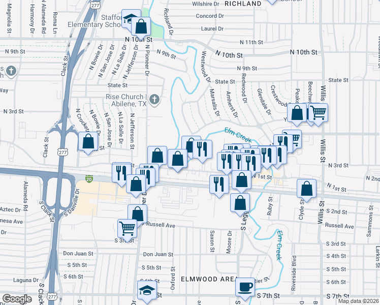map of restaurants, bars, coffee shops, grocery stores, and more near 60 Harvard Place in Abilene