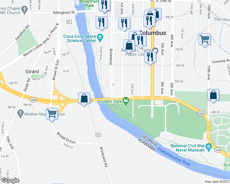 map of restaurants, bars, coffee shops, grocery stores, and more near 416 Broadway in Columbus