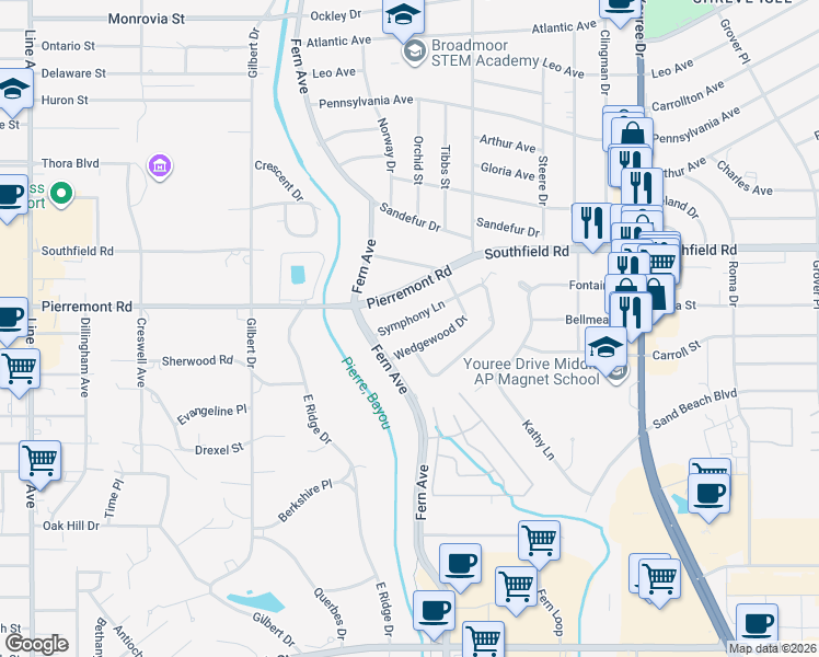 map of restaurants, bars, coffee shops, grocery stores, and more near 253 Symphony Lane in Shreveport